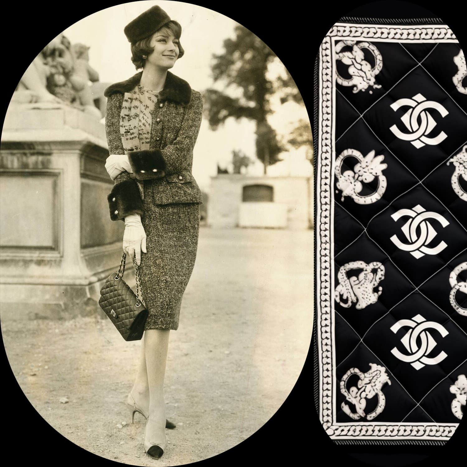 Marie Hélène Arnaud in tweed suit, shoes and handbag from Chanel Fall Winter 1959, Photo CHANEL