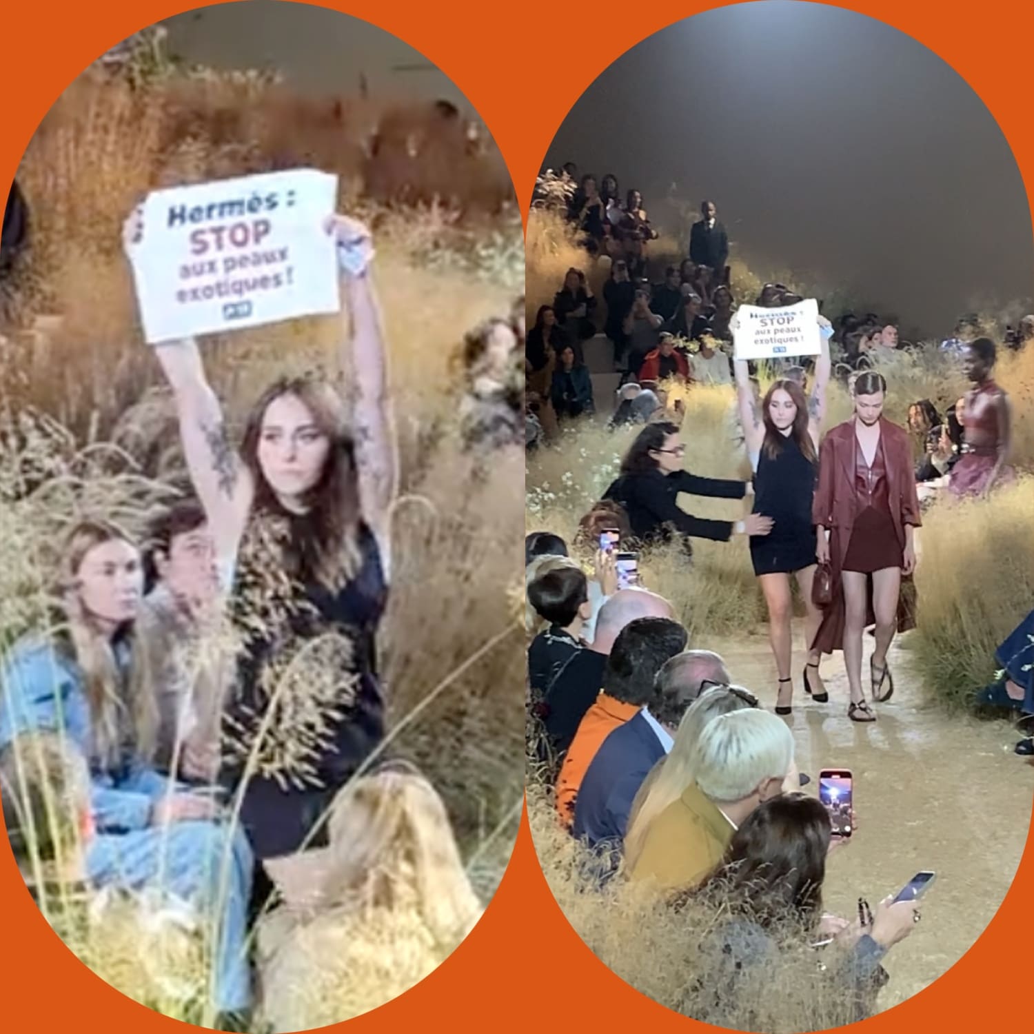 Manifestante de PETA en Hermes Primavera Verano 2024 mostrar PFW 2023