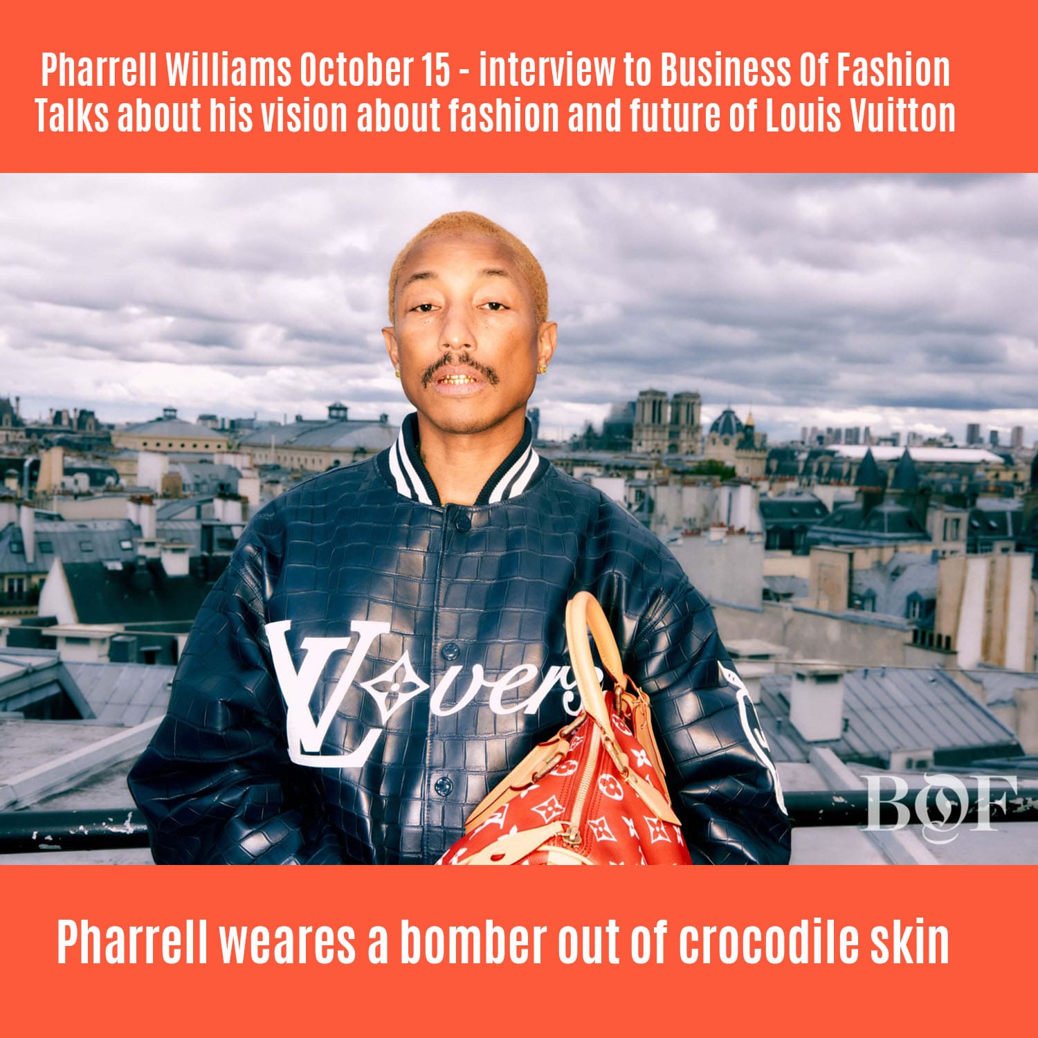 Pharrell Williams el 15 de octubre con una bomber hecha de piel de cocodrilo para una entrevista con BOF