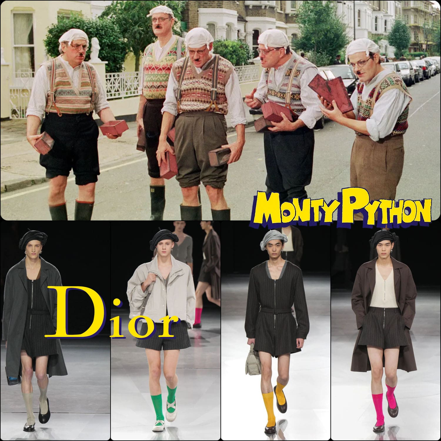 迪奥秋冬 2024 2025 年,蒙提·派森·甘比 (Monty Python Gumby) 戴着打结的手帕帽,素描《我的大脑很痛》
