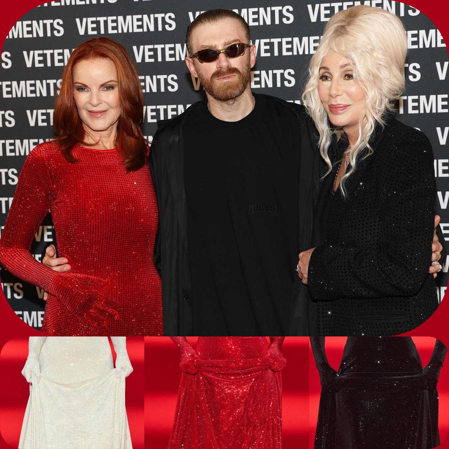 Marcia Cross con el director de Vetements, Guram Gvasalia, y Cher detrás del escenario