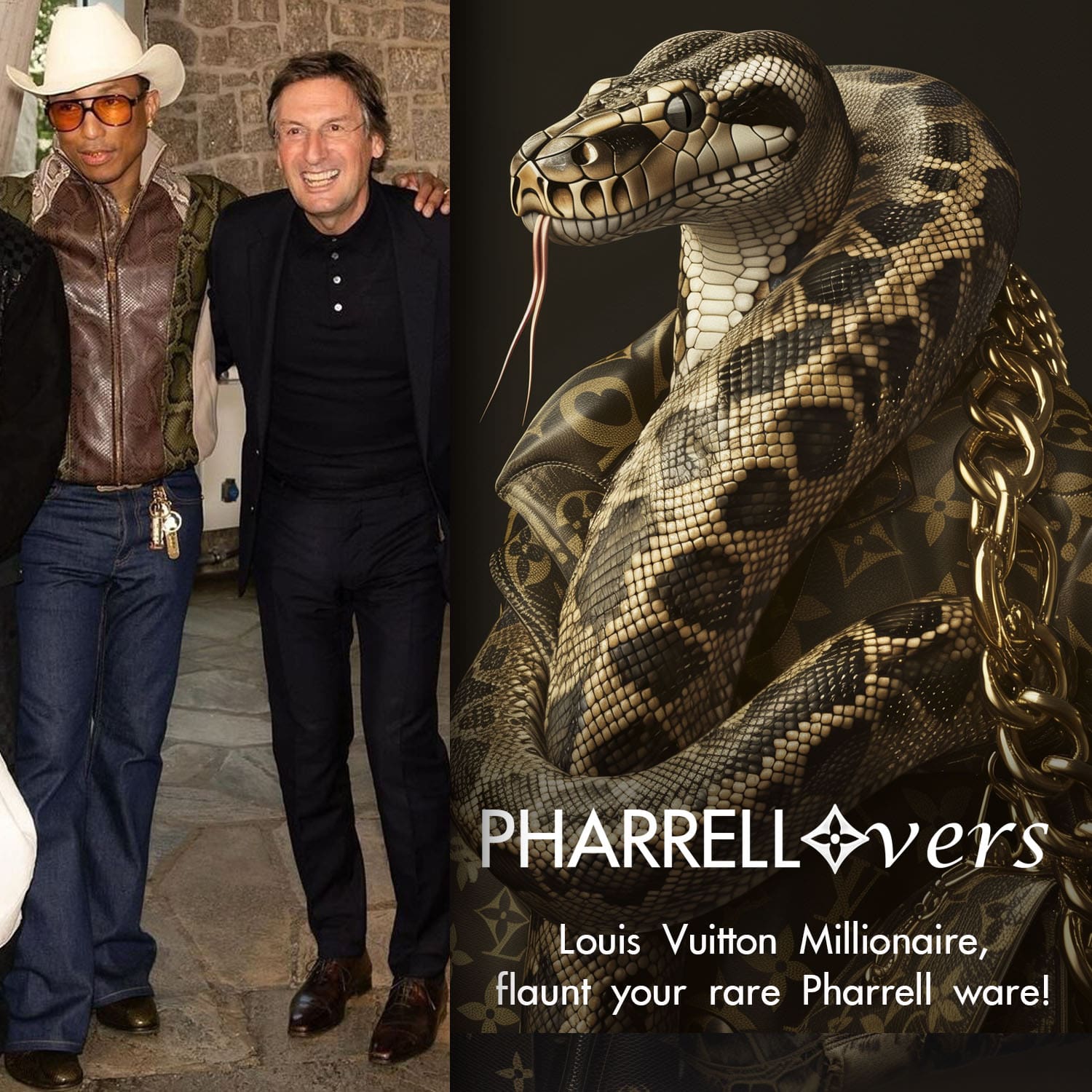 7 Pharrell Williams 和 Pietro Beccari 身着蟒蛇皮夹克亮相 Louis Vuitton 2025 秀场