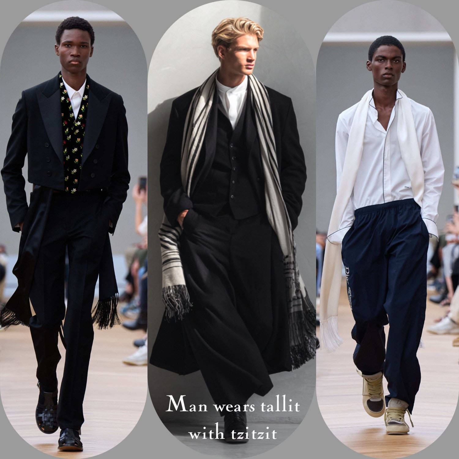 6 Dior Summer 2026 Men by Jonathan Anderson Man wears tallit with tzitzit for shawl