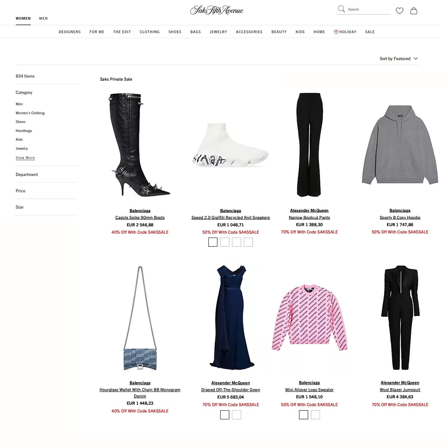 Saks Fifth Avenue massive sales of 834 pieces Balenciaga in 2024