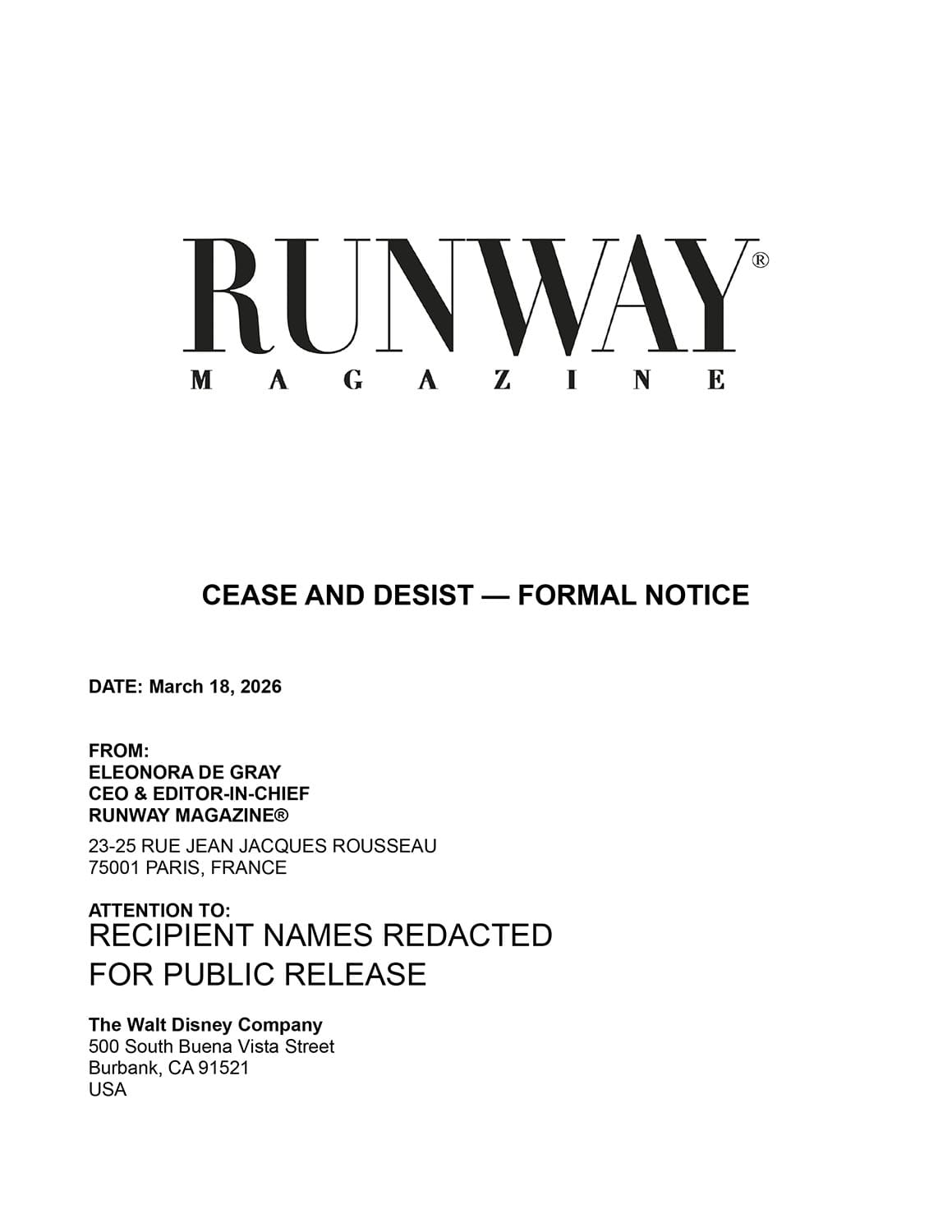 runway magazine cease and desist disney devil wears prada 2 1