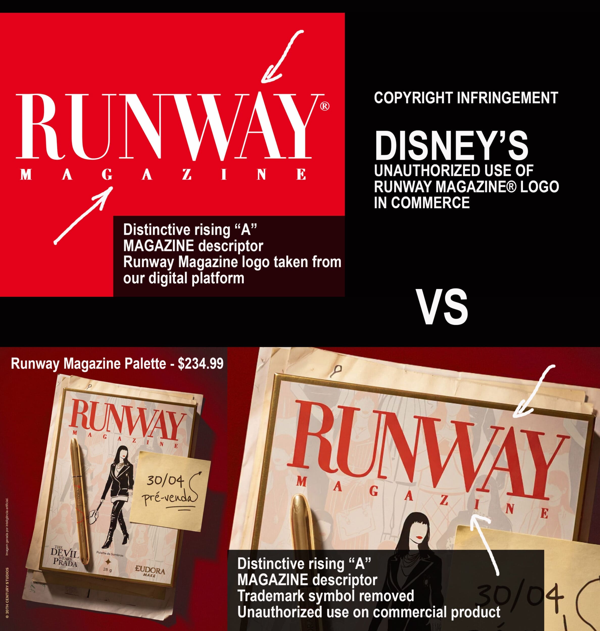 VIOLAÇÃO DE DIREITOS AUTORAIS — USO NÃO AUTORIZADO DA DISNEY RUNWAY MAGAZINE® LOGO