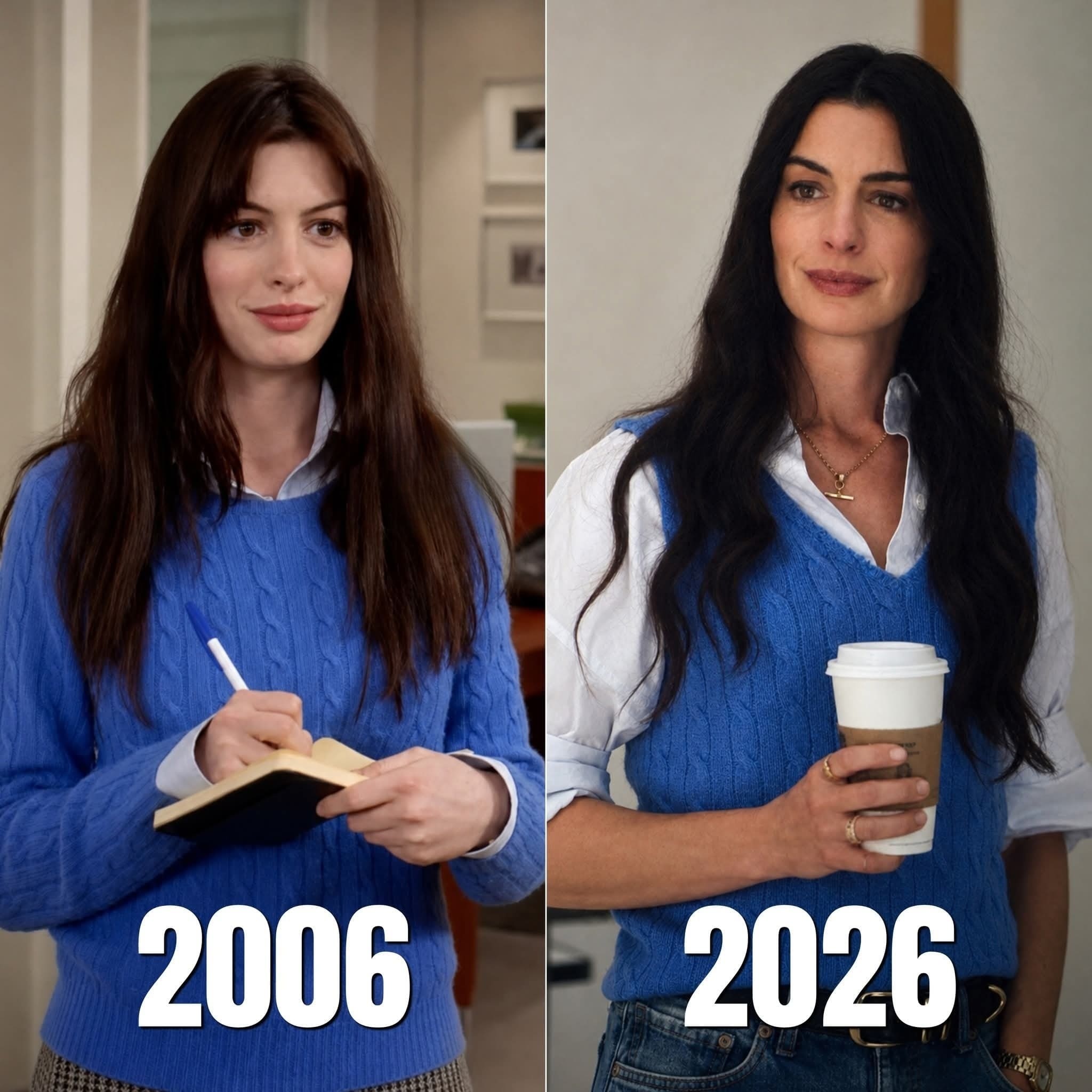 Anne Hathaway chopped up her cerulean sweater in 2026. © Photo: Disney / 20th Century Studios / Devil Wears Prada. Featured under Fair Use for purposes of critical analysis, editorial commentary, and transformative satire.