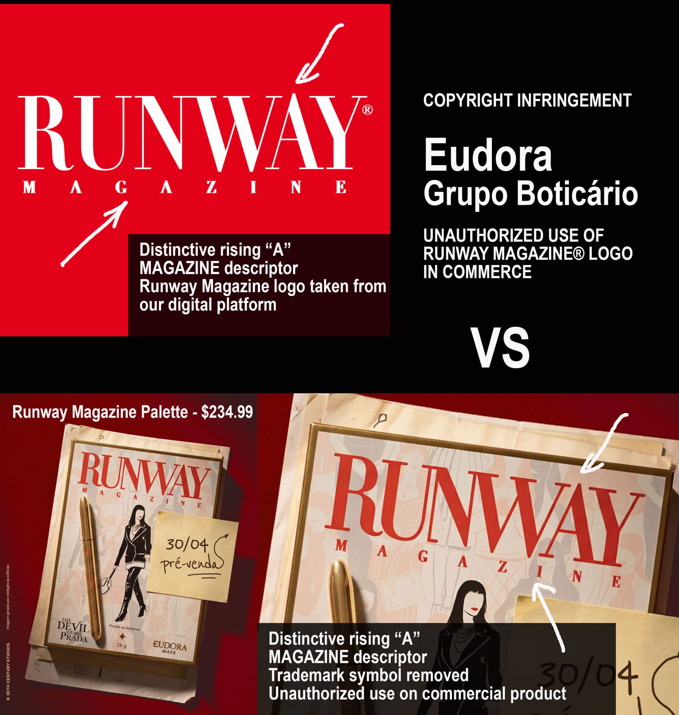 版权侵权 —Eudora Grupo Boticário 未经授权使用 RUNWAY MAGAZINE® LOGO