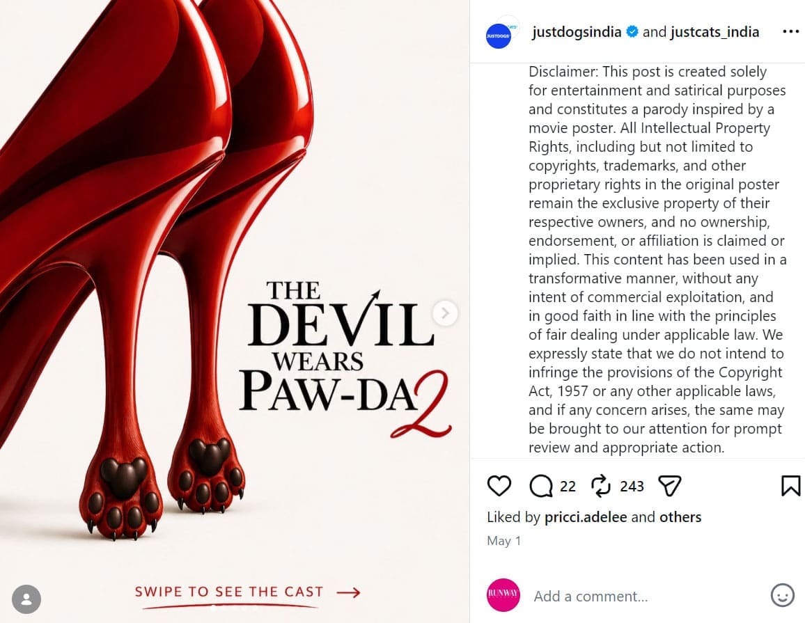 Parody of Devil Wears Prada 2 poster from Instagram user with Disclaimer directed to 20th Century Studio, who submitted copyright violation abusive demand: Disclaimer: This post is created solely for entertainment and satirical purposes and constitutes a parody inspired by a movie poster. All Intellectual Property Rights, including but not limited to copyrights, trademarks, and other proprietary rights in the original poster remain the exclusive property of their respective owners, and no ownership, endorsement, or affiliation is claimed or implied. This content has been used in a transformative manner, without any intent of commercial exploitation, and in good faith in line with the principles of fair dealing under applicable law. We expressly state that we do not intend to infringe the provisions of the Copyright Act, 1957 or any other applicable laws, and if any concern arises, the same may be brought to our attention for prompt review and appropriate action.