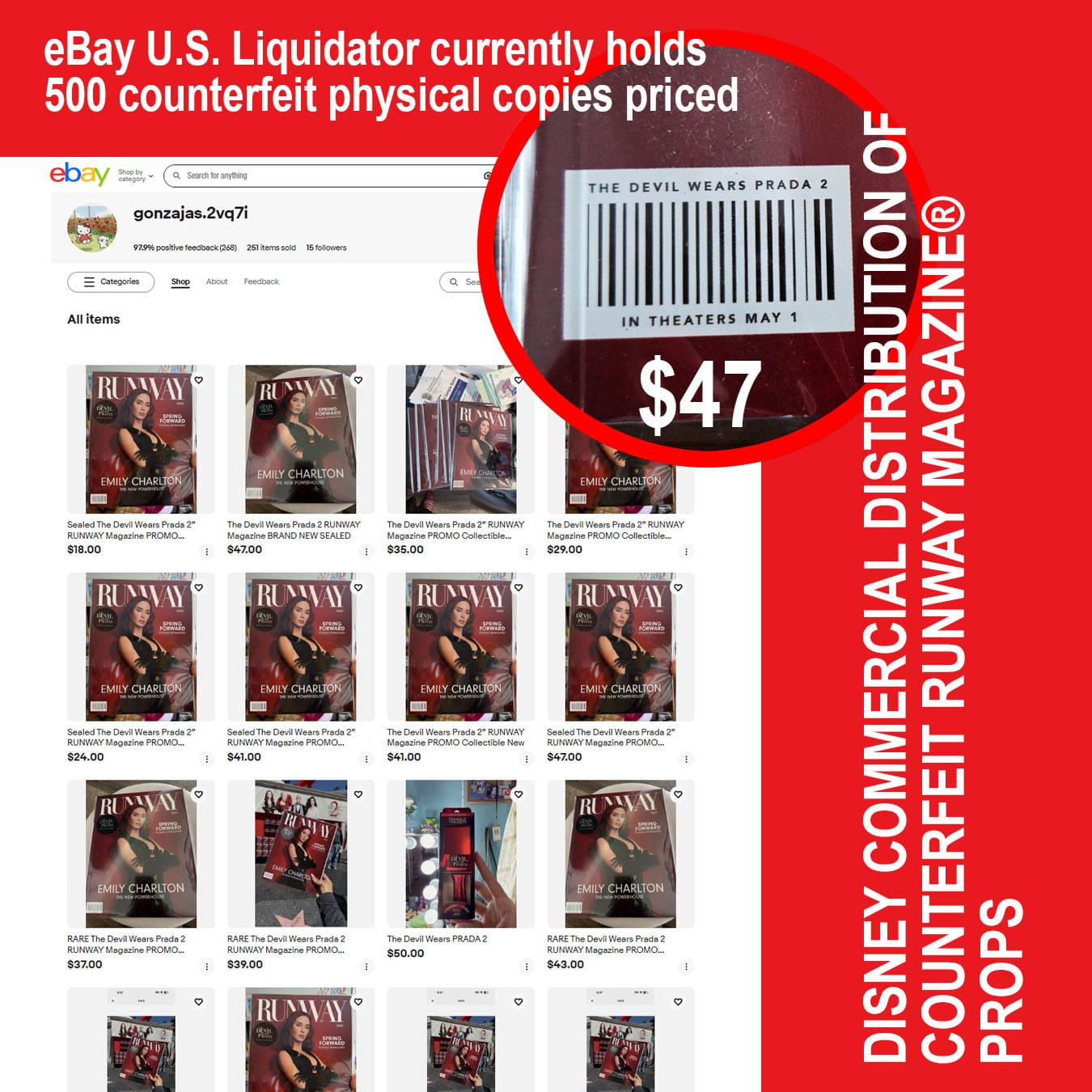 02 迪士尼发行假冒产品 Runway 通过 eBay 和 Poshmark 清仓商售卖的杂志,售价 47 美元。