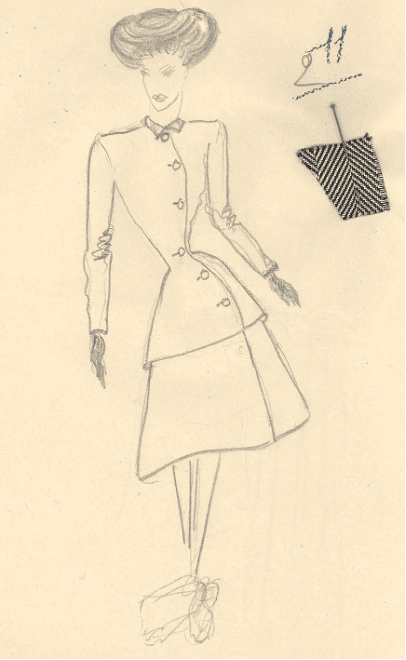 Boceto con muestra de tela — Estudio Balenciaga, década de 1940