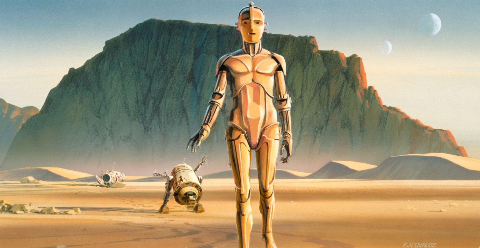Ralph McQuarrie, Artoo and Threepio leave the pod in the desert, production art for Star Wars Episode IV – A New Hope 1974 1978